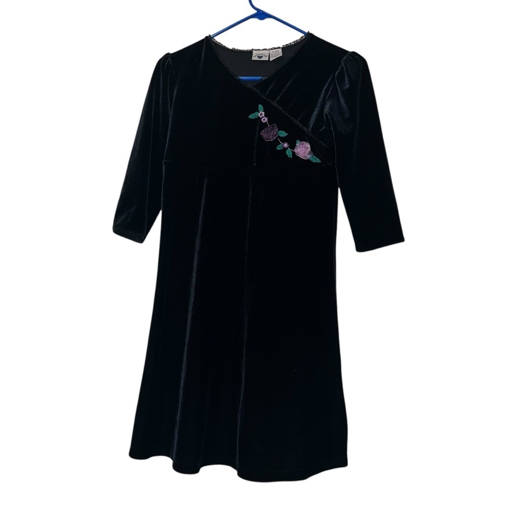 Hartstrings black Velvet floral embroidered Dress Sz 12 3/4 sleeve